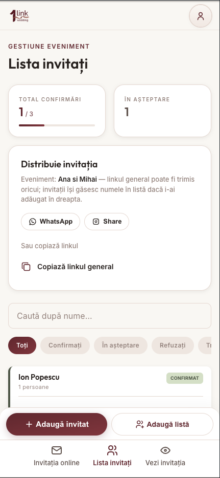 Dashboard listă invitați cu distribuire invitație și statistici