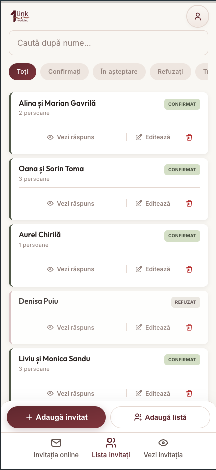 Listă invitați cu filtre și carduri de status