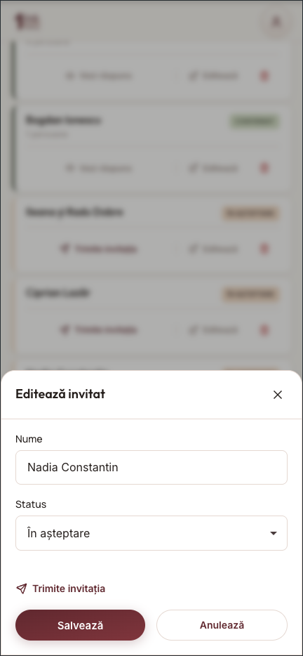 Modal Editează invitat cu câmpuri Nume și Status